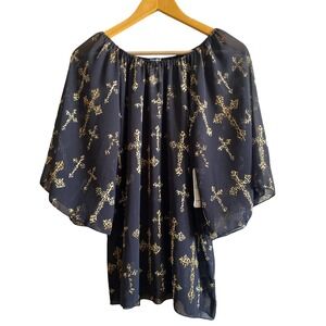 Cowgirl Hardware Womens Black Leopard Cross Print Chiffon Bell Sleeve Blouse S